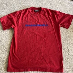 Shadow Hill red tee with blue logo